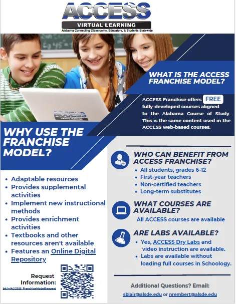 ACCESS Virtual Learning Franchise Model information with a QR code for requesting more information.